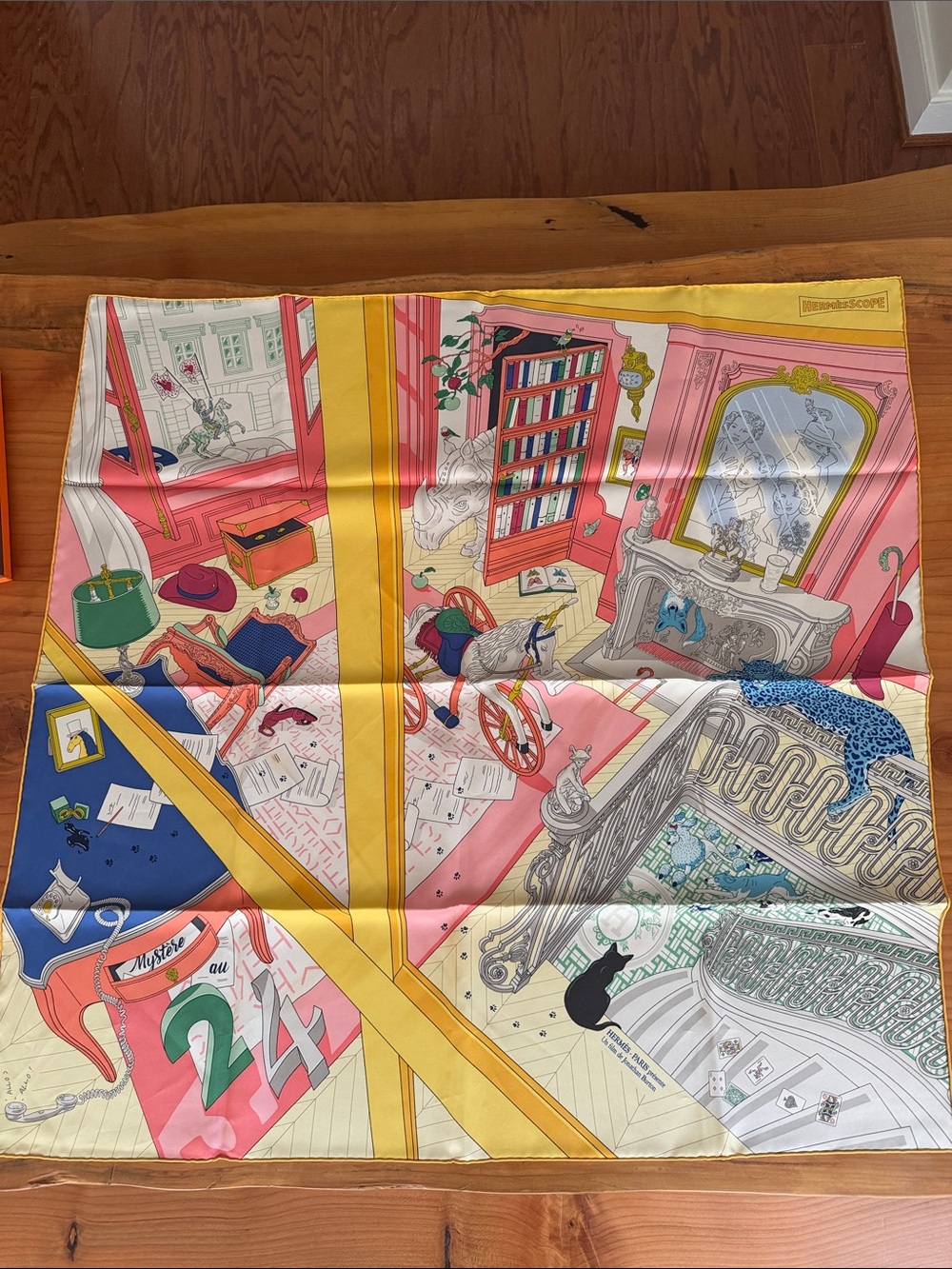 Hermes Mystère au 24 Pink, Yellow & Blue Illustrated Silk Scarf